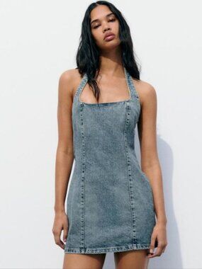 Zara Denim Halter Mini Dress NWT Blue Size Large